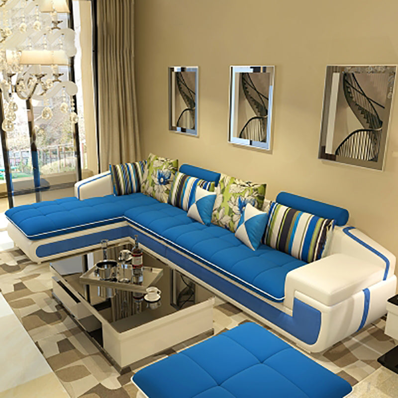 4-seater Recessed Arm Pillowed Back Cushions Sectional Sofa with Chaise Dark Blue Clearhalo 'furn' 'furn_sectionals' 'Furniture' 'furniture_sectionals' 'kitchen' 'kitchen_sectionals' 'Living Room Furniture' 'Sectionals' 4821428