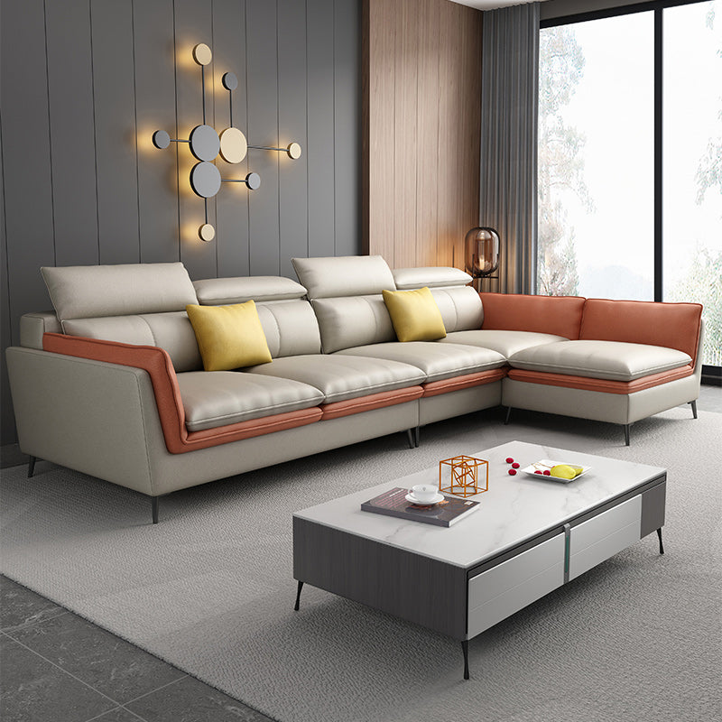 133.86" W √ó 70.87" D √ó 37.40" H L-Shape Faux Leather High Back Flared Arm Sectional Beige Clearhalo 'furn' 'furn_sectionals' 'Furniture' 'furniture_sectionals' 'kitchen' 'kitchen_sectionals' 'Living Room Furniture' 'Sectionals' 4821480