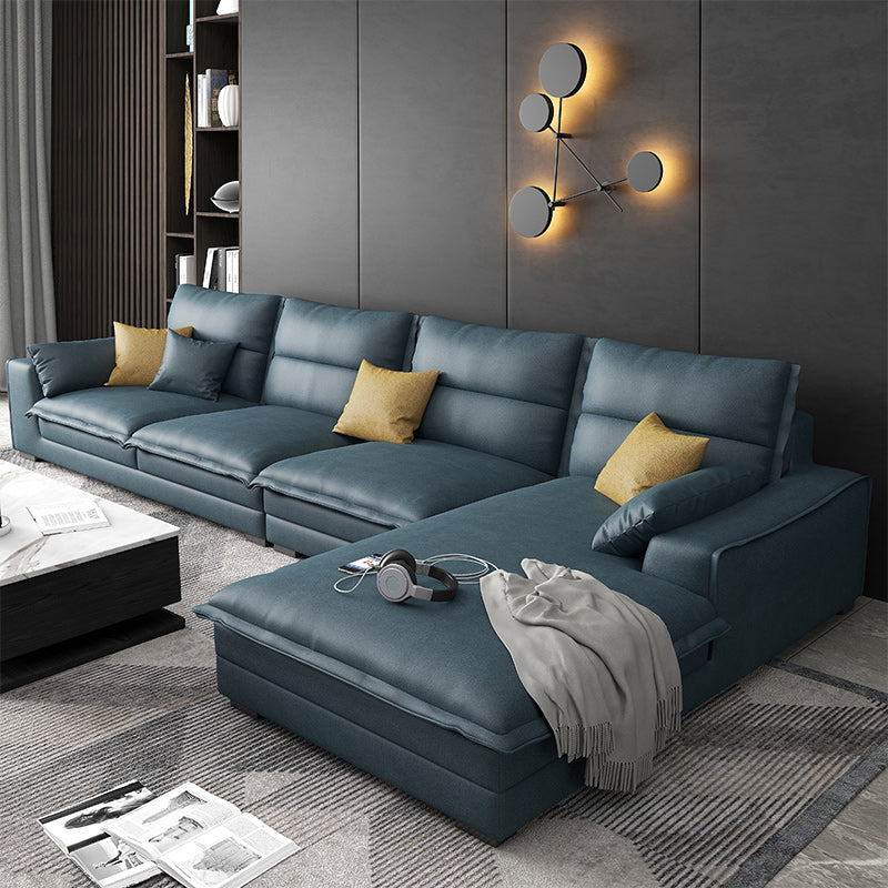 135.83" W √ó 70.87" D √ó 35.43" H L-Shape Faux Leather High Back Square Arm Sectional Blue Clearhalo 'furn' 'furn_sectionals' 'Furniture' 'furniture_sectionals' 'kitchen' 'kitchen_sectionals' 'Living Room Furniture' 'Sectionals' 4821489