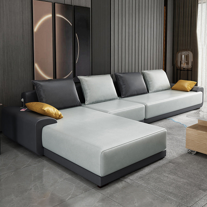 129.92" W √ó 70.87" D √ó 27.56" H L-Shape Removable Cushions Pillow Top Arm Sectional Gray-White Faux Leather Clearhalo 'furn' 'furn_sectionals' 'Furniture' 'furniture_sectionals' 'kitchen' 'kitchen_sectionals' 'Living Room Furniture' 'Sectionals' 4821521