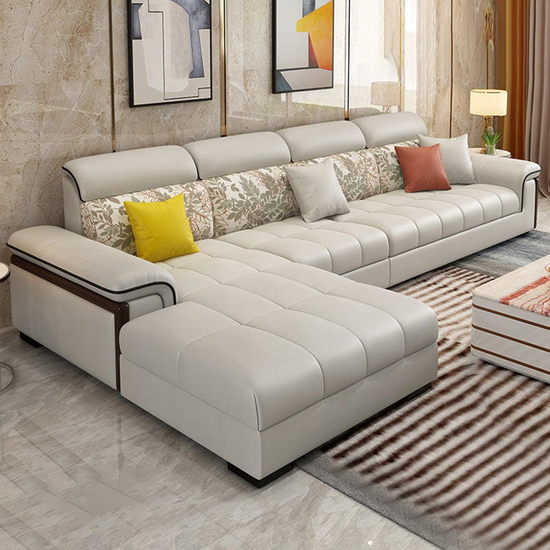 Faux Leather Pillowed Back Cushions Beige Furniture Sectionals 112"L x 71"W x 37"H Latex Clearhalo 'furn' 'furn_sectionals' 'Furniture' 'furniture_sectionals' 'kitchen' 'kitchen_sectionals' 'Living Room Furniture' 'Sectionals' 4821552