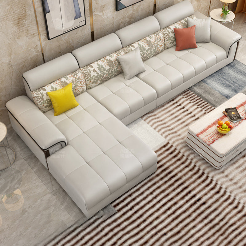 Faux Leather Pillowed Back Cushions Beige Furniture Sectionals 120"L x 71"W x 37"H Latex Clearhalo 'furn' 'furn_sectionals' 'Furniture' 'furniture_sectionals' 'kitchen' 'kitchen_sectionals' 'Living Room Furniture' 'Sectionals' 4821553