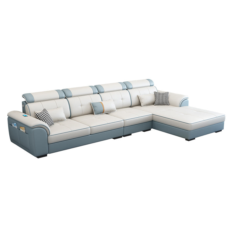 Pillowed Back Cushions Cotton Blend /Faux Leather Furniture Sectionals Blue White Clearhalo 'furn' 'furn_sectionals' 'Furniture' 'furniture_sectionals' 'kitchen' 'kitchen_sectionals' 'Living Room Furniture' 'Sectionals' 4821577