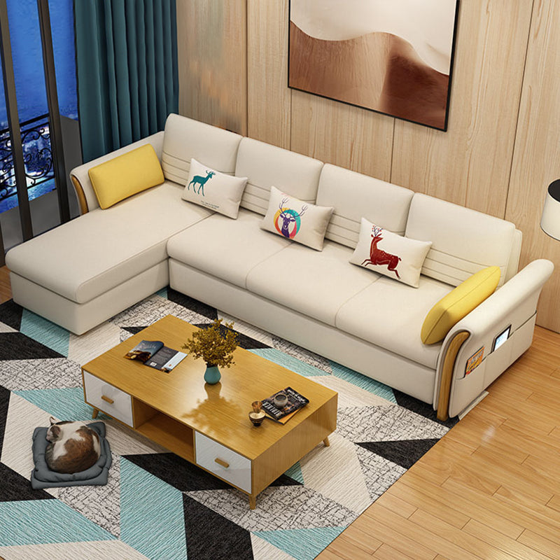 Cushion Back Contemporary Storage Living Room L-Shape Reclining Sofa Off-White Cotton Clearhalo 'furn' 'furn_sectionals' 'Furniture' 'furniture_sectionals' 'kitchen' 'kitchen_sectionals' 'Living Room Furniture' 'Sectionals' 4821665