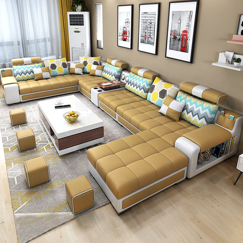 Faux Leather Pillowed Back Cushions Stain-Resistant Tufted Sectionals Sofa with Storage Orange Clearhalo 'furn' 'furn_sectionals' 'Furniture' 'furniture_sectionals' 'kitchen' 'kitchen_sectionals' 'Living Room Furniture' 'Sectionals' 4821680