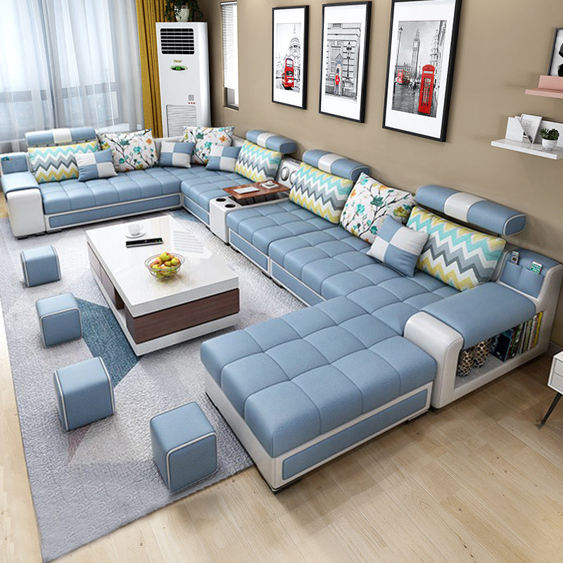 Faux Leather Pillowed Back Cushions Stain-Resistant Tufted Sectionals Sofa with Storage Sky Blue Clearhalo 'furn' 'furn_sectionals' 'Furniture' 'furniture_sectionals' 'kitchen' 'kitchen_sectionals' 'Living Room Furniture' 'Sectionals' 4821682