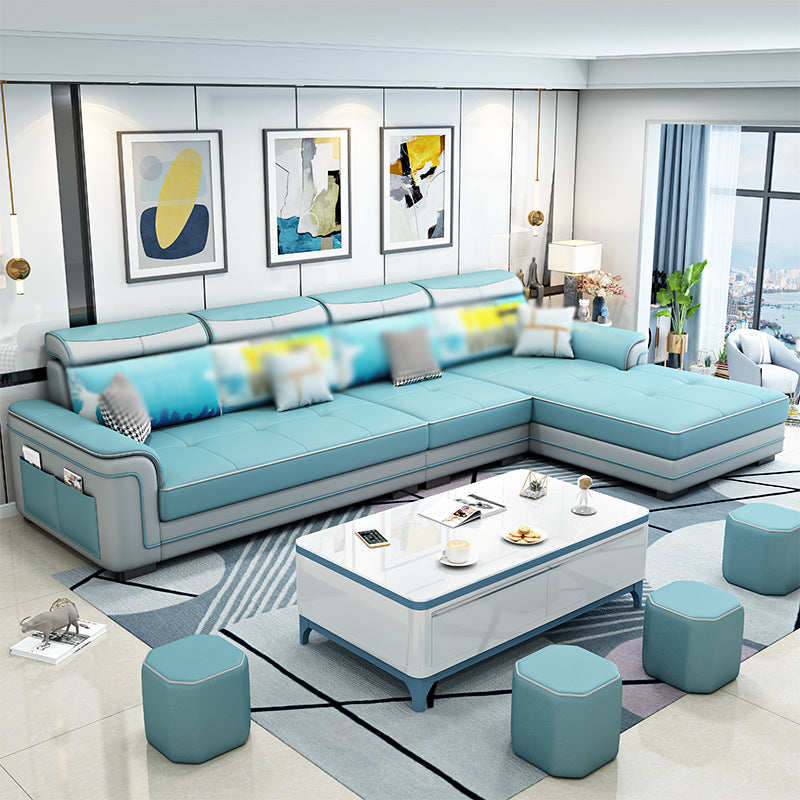 Modern Faux Leather/Linen Blend L-Shape 4-seat Sectionals with Storage Blue Clearhalo 'Furniture' 'furniture_sectionals' 'kitchen' 'kitchen_sectionals' 'Living Room Furniture' 'Sectionals' 4821704