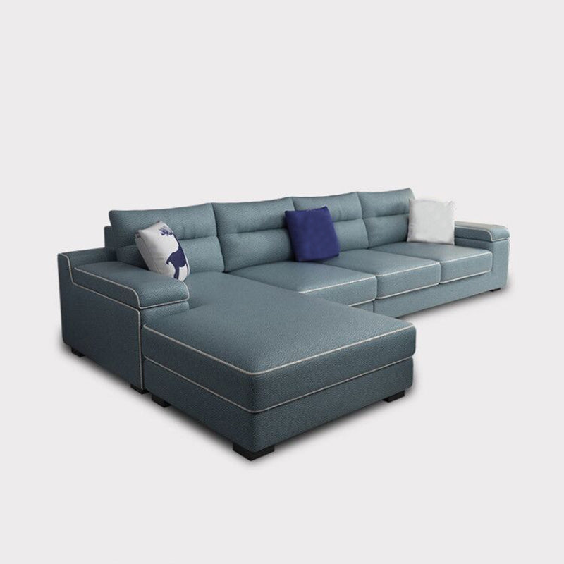 Pillow Top Arm L-Shape Pillowed Back Cushions Sectional Sofa with Chaise for Four People Faux Leather Lake Blue Sponge Clearhalo 'furn' 'furn_sectionals' 'Furniture' 'furniture_sectionals' 'kitchen' 'kitchen_sectionals' 'Living Room Furniture' 'Sectionals' 4821735