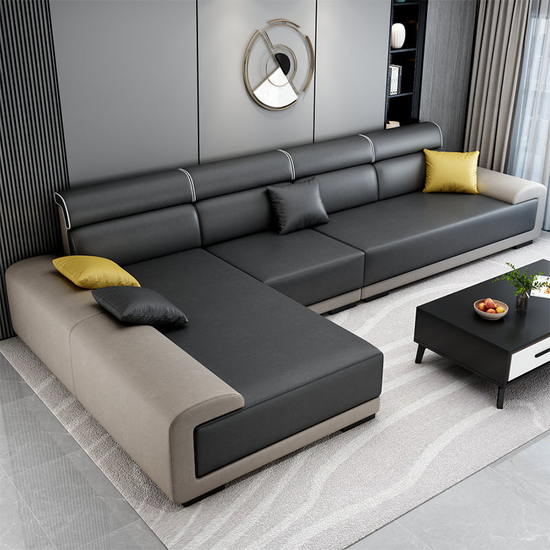 L-shape Faux Leather/Linen Blend Sectionals with Reversible Chaise Dark Gray Faux Leather Latex Clearhalo 'furn' 'furn_sectionals' 'Furniture' 'furniture_sectionals' 'kitchen' 'kitchen_sectionals' 'Living Room Furniture' 'Sectionals' 4821796