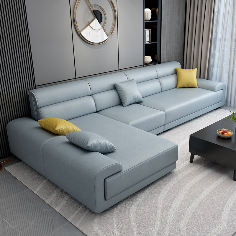 L-shape Faux Leather/Linen Blend Sectionals with Reversible Chaise Blue Faux Leather Clearhalo 'furn' 'furn_sectionals' 'Furniture' 'furniture_sectionals' 'kitchen' 'kitchen_sectionals' 'Living Room Furniture' 'Sectionals' 4821799