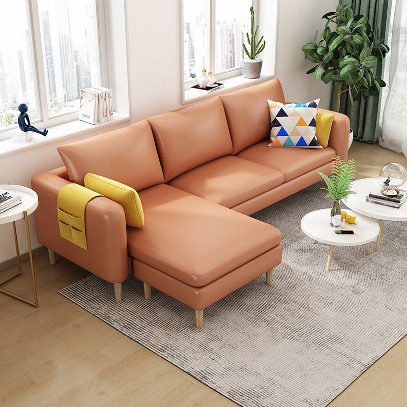 L-Shape Faux Leather and Velvet 3-seat Sectional Sofa with Storage Orange Faux Leather Clearhalo 'furn' 'furn_sectionals' 'Furniture' 'furniture_sectionals' 'kitchen' 'kitchen_sectionals' 'Living Room Furniture' 'Sectionals' 4821814