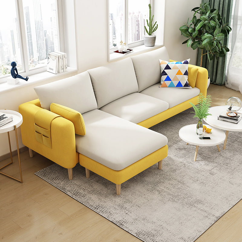 L-Shape Faux Leather and Velvet 3-seat Sectional Sofa with Storage White Yellow Velvet Clearhalo 'furn' 'furn_sectionals' 'Furniture' 'furniture_sectionals' 'kitchen' 'kitchen_sectionals' 'Living Room Furniture' 'Sectionals' 4821817