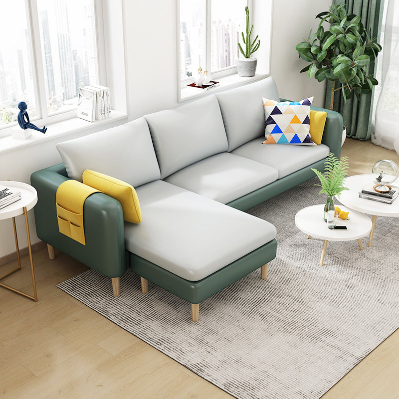L-Shape Faux Leather and Velvet 3-seat Sectional Sofa with Storage Green Grey Faux Leather Clearhalo 'furn' 'furn_sectionals' 'Furniture' 'furniture_sectionals' 'kitchen' 'kitchen_sectionals' 'Living Room Furniture' 'Sectionals' 4821819