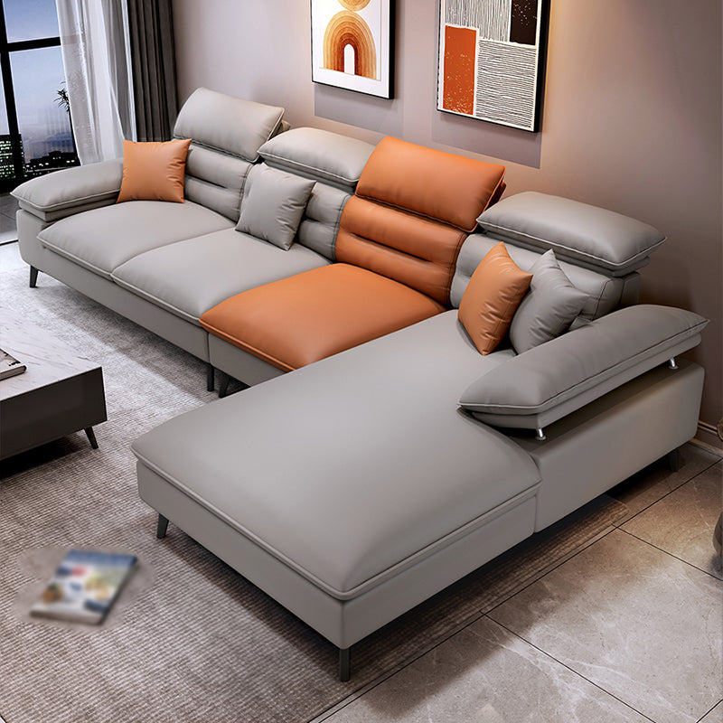 Faux Leather Contemporary L-Shape Sectional for Living Room and Apartment Orange Light Grey Right Clearhalo 'furn' 'furn_sectionals' 'Furniture' 'furniture_sectionals' 'kitchen' 'kitchen_sectionals' 'Living Room Furniture' 'Sectionals' 4821839