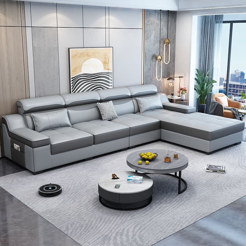 133.86"D x 70.87"W x 35.43"H Modern Removable Cushions Scooped Arm Sectionals with Storage Light Gray Faux Leather Clearhalo 'furn' 'furn_sectionals' 'Furniture' 'furniture_sectionals' 'kitchen' 'kitchen_sectionals' 'Living Room Furniture' 'Sectionals' 4821924