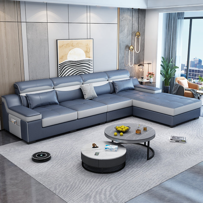 133.86"D x 70.87"W x 35.43"H Modern Removable Cushions Scooped Arm Sectionals with Storage Royal Blue Faux Leather Clearhalo 'furn' 'furn_sectionals' 'Furniture' 'furniture_sectionals' 'kitchen' 'kitchen_sectionals' 'Living Room Furniture' 'Sectionals' 4821927