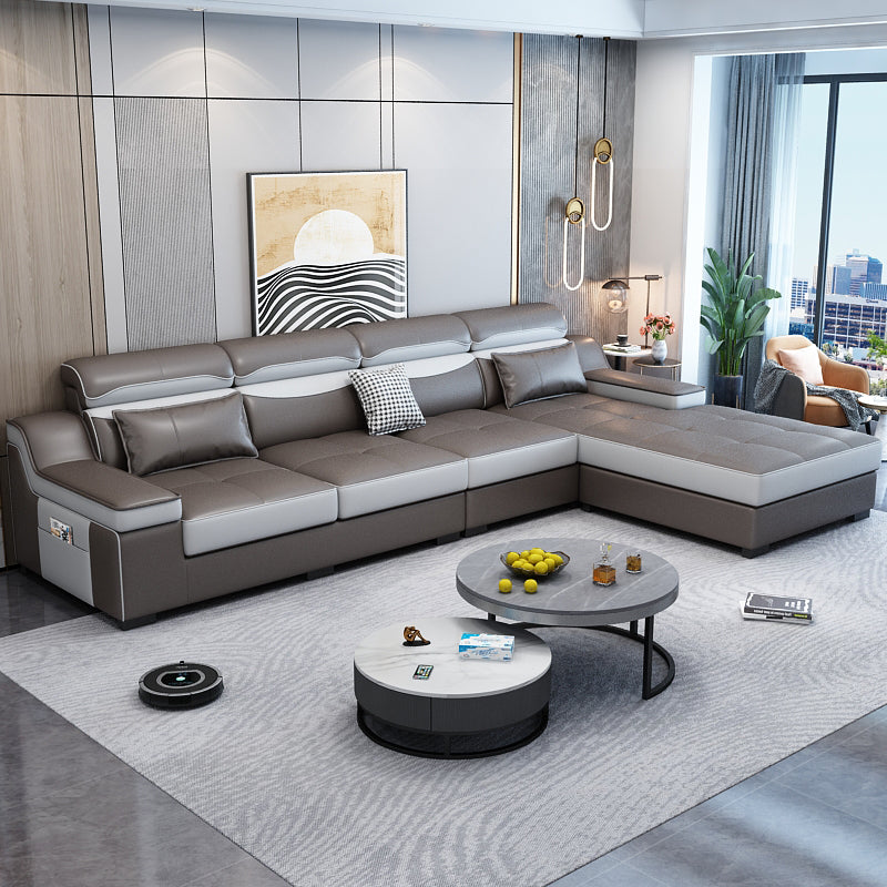 133.86"D x 70.87"W x 35.43"H Modern Removable Cushions Scooped Arm Sectionals with Storage Dark Coffee Faux Leather Clearhalo 'furn' 'furn_sectionals' 'Furniture' 'furniture_sectionals' 'kitchen' 'kitchen_sectionals' 'Living Room Furniture' 'Sectionals' 4821929