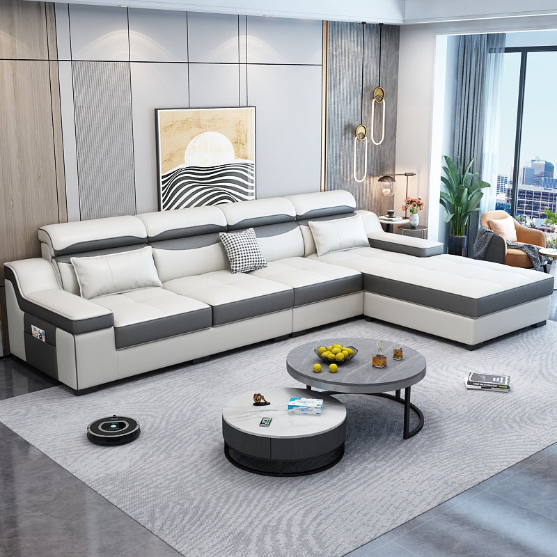 133.86"D x 70.87"W x 35.43"H Modern Removable Cushions Scooped Arm Sectionals with Storage Off-White Faux Leather Clearhalo 'furn' 'furn_sectionals' 'Furniture' 'furniture_sectionals' 'kitchen' 'kitchen_sectionals' 'Living Room Furniture' 'Sectionals' 4821931