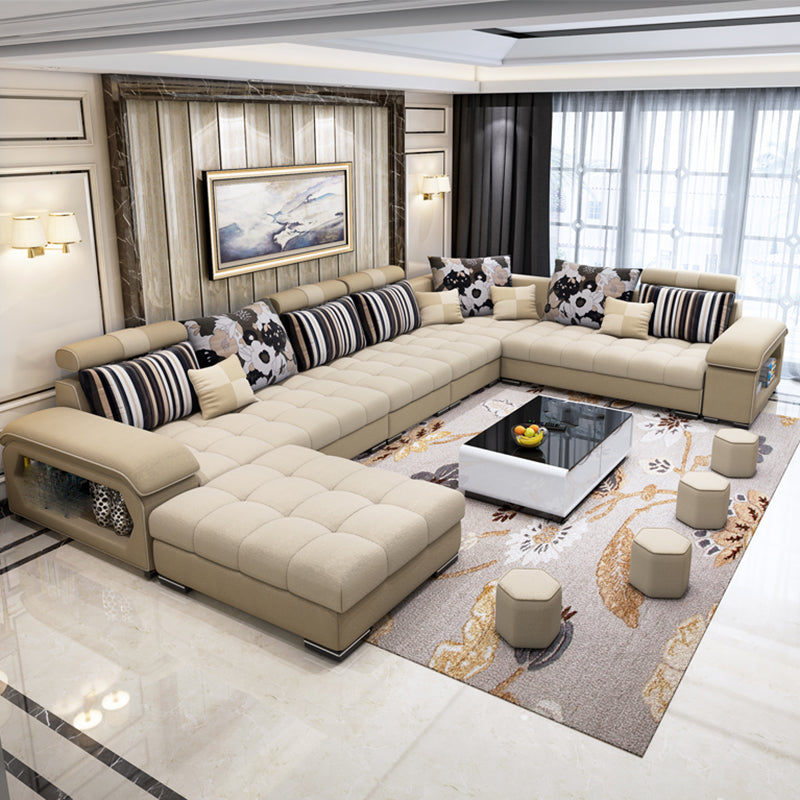 Removable Cushions Slipcovered Tufted Sectional Sofa Set with Storage Cotton Blend Light Yellow Clearhalo 'Furniture' 'furniture_sectionals' 'kitchen' 'kitchen_sectionals' 'Living Room Furniture' 'Sectionals' 4821979