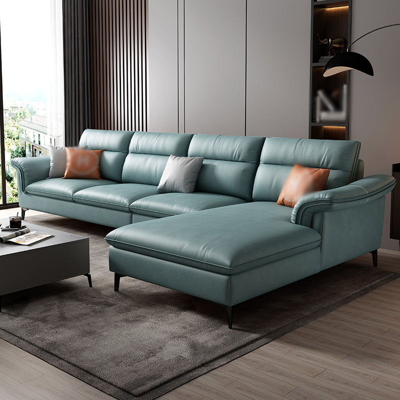 141.73" L x 70.86" W x 35.43" H Faux Leather Pillow Top Arm Sectional for Living Room Lake Blue Clearhalo 'furn' 'furn_sectionals' 'Furniture' 'furniture_sectionals' 'kitchen' 'kitchen_sectionals' 'Living Room Furniture' 'Sectionals' 4822038