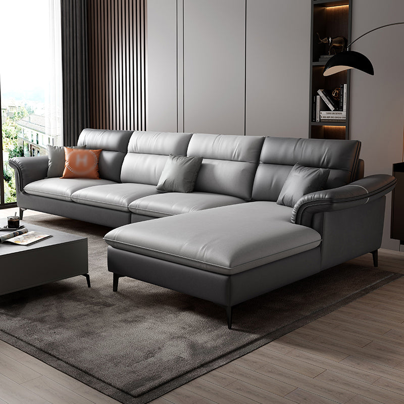 141.73" L x 70.86" W x 35.43" H Faux Leather Pillow Top Arm Sectional for Living Room Dark Grey Light Grey Clearhalo 'furn' 'furn_sectionals' 'Furniture' 'furniture_sectionals' 'kitchen' 'kitchen_sectionals' 'Living Room Furniture' 'Sectionals' 4822042