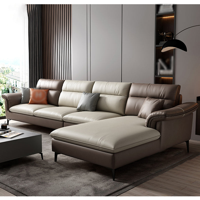 141.73" L x 70.86" W x 35.43" H Faux Leather Pillow Top Arm Sectional for Living Room Apricot-Brown Clearhalo 'furn' 'furn_sectionals' 'Furniture' 'furniture_sectionals' 'kitchen' 'kitchen_sectionals' 'Living Room Furniture' 'Sectionals' 4822046