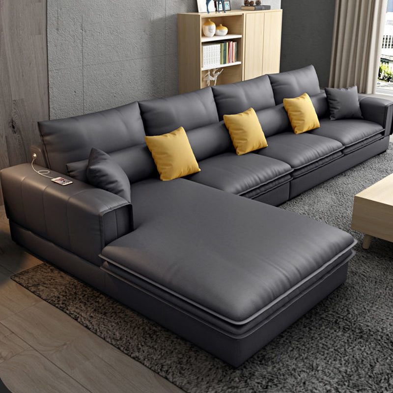 Dark Gray Contemporary Sectional with Recessed Arm and Pillowed Back Cushions Faux Leather Left Latex Clearhalo 'furn' 'furn_sectionals' 'Furniture' 'furniture_sectionals' 'kitchen' 'kitchen_sectionals' 'Living Room Furniture' 'Sectionals' 4822085