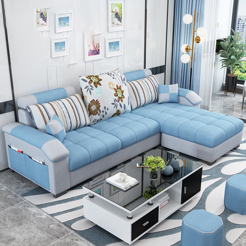 Slipcovered Tufted Pillowed Back Cushions Sectional Sofa with Storage Sky Blue Clearhalo 'furn' 'furn_sectionals' 'Furniture' 'furniture_sectionals' 'kitchen' 'kitchen_sectionals' 'Living Room Furniture' 'Sectionals' 4822103