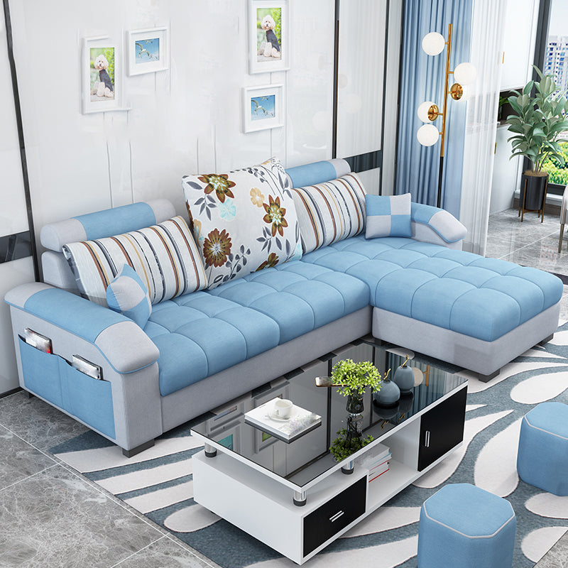 Slipcovered Pillowed Back Cushions Tufted Sectional Sofa Set with Storage Sky Blue Clearhalo 'Furniture' 'furniture_sectionals' 'kitchen' 'kitchen_sectionals' 'Living Room Furniture' 'Sectionals' 4822117