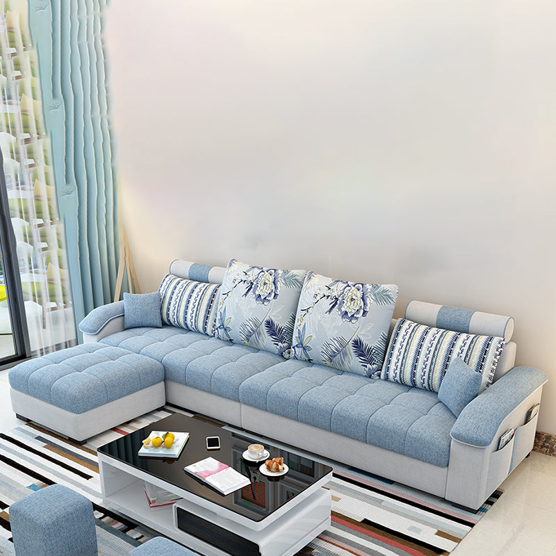 Slipcovered Pillowed Back Cushions Tufted Sectional Sofa Set with Storage Light Blue Clearhalo 'Furniture' 'furniture_sectionals' 'kitchen' 'kitchen_sectionals' 'Living Room Furniture' 'Sectionals' 4822118