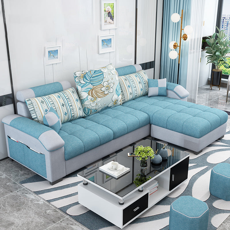 Slipcovered Pillowed Back Cushions Tufted Sectional Sofa Set with Storage Blue Clearhalo 'Furniture' 'furniture_sectionals' 'kitchen' 'kitchen_sectionals' 'Living Room Furniture' 'Sectionals' 4822126