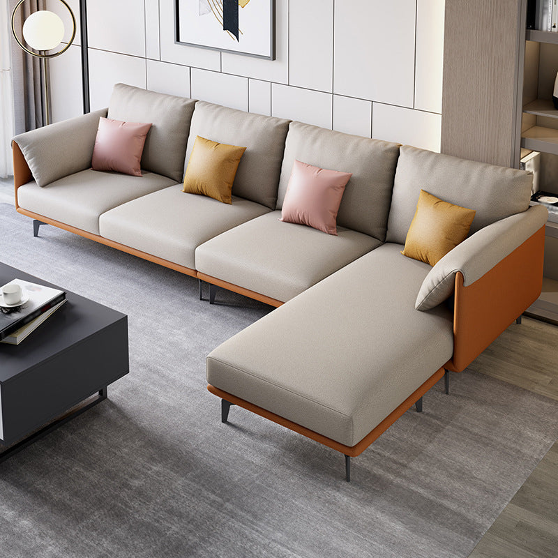 122.8x67x36.2 Faux leather Sectional Pillow Top Arm Sectional for Living Room Beige Orange Clearhalo 'furn' 'furn_sectionals' 'Furniture' 'furniture_sectionals' 'kitchen' 'kitchen_sectionals' 'Living Room Furniture' 'Sectionals' 4822145