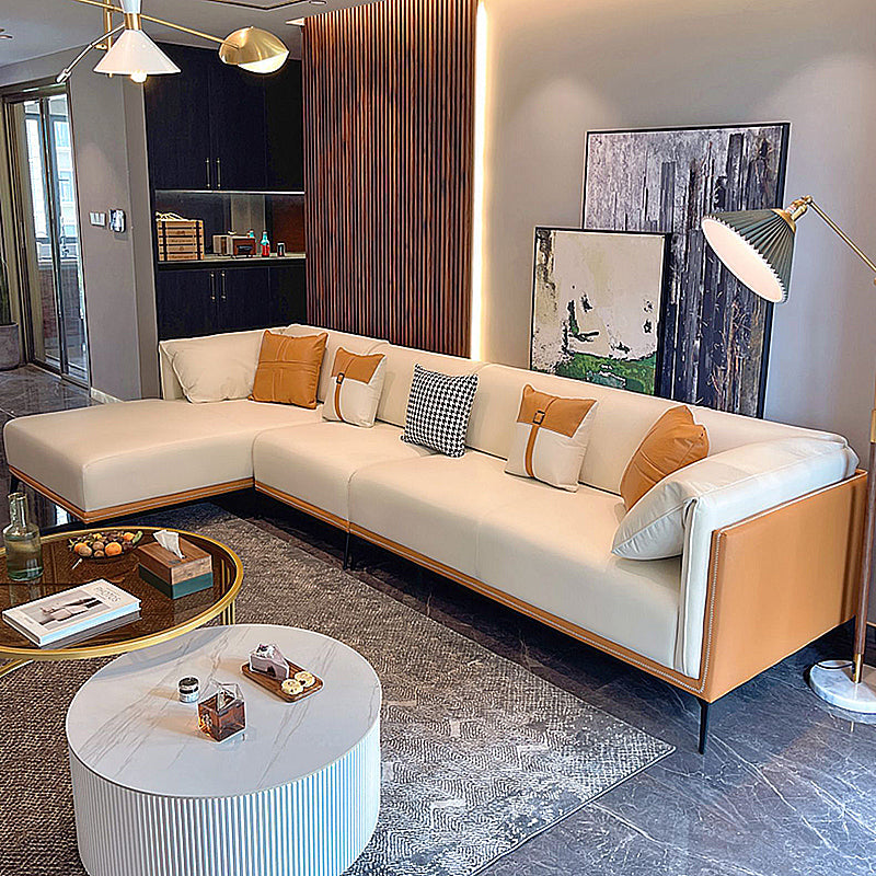 Stain-Resistant Faux Leather Sofa/Sectional with Pillowed Back Cushions for Living Room 140"L x 69"W x 29.5"H Orange White Clearhalo 'furn' 'furn_sectionals' 'Furniture' 'furniture_sectionals' 'kitchen' 'kitchen_sectionals' 'Living Room Furniture' 'Sectionals' 4822156