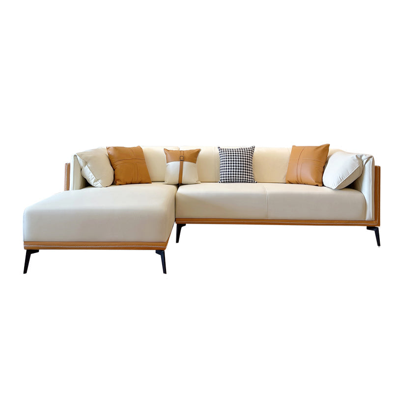 Stain-Resistant Faux Leather Sofa/Sectional with Pillowed Back Cushions for Living Room 114"L x 69"W x 29.5"H Orange White Clearhalo 'furn' 'furn_sectionals' 'Furniture' 'furniture_sectionals' 'kitchen' 'kitchen_sectionals' 'Living Room Furniture' 'Sectionals' 4822164