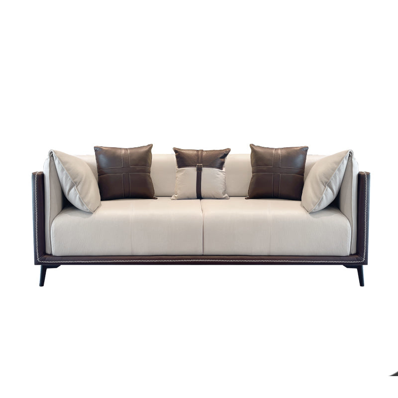 Stain-Resistant Faux Leather Sofa/Sectional with Pillowed Back Cushions for Living Room 86.6"L x 37.4"W x 29.5"H Brown-Grey Clearhalo 'furn' 'furn_sectionals' 'Furniture' 'furniture_sectionals' 'kitchen' 'kitchen_sectionals' 'Living Room Furniture' 'Sectionals' 4822174