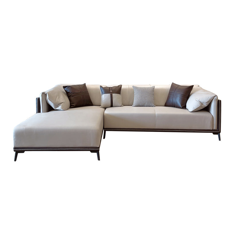 Stain-Resistant Faux Leather Sofa/Sectional with Pillowed Back Cushions for Living Room 114"L x 69"W x 29.5"H Brown-Grey Clearhalo 'furn' 'furn_sectionals' 'Furniture' 'furniture_sectionals' 'kitchen' 'kitchen_sectionals' 'Living Room Furniture' 'Sectionals' 4822175