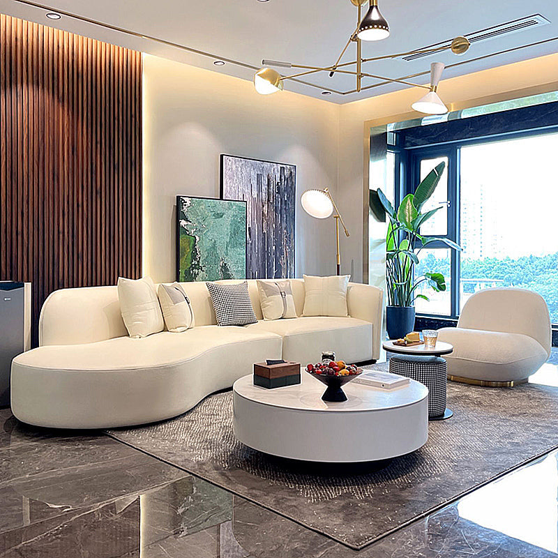 Stain-Resistant Modern Faux Leather Sofa/Sectional Pillowed Back Cushions 130"L x 57"W x 28"H Off-White Clearhalo 'furn' 'furn_sectionals' 'Furniture' 'furniture_sectionals' 'kitchen' 'kitchen_sectionals' 'Living Room Furniture' 'Sectionals' 4822279