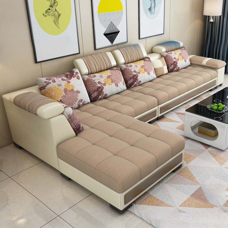 135.8x68.8x30.3 Modern Faux Leather Sectional Square Arm Sectional Khaki Clearhalo 'furn' 'furn_sectionals' 'Furniture' 'furniture_sectionals' 'kitchen' 'kitchen_sectionals' 'Living Room Furniture' 'Sectionals' 4822304