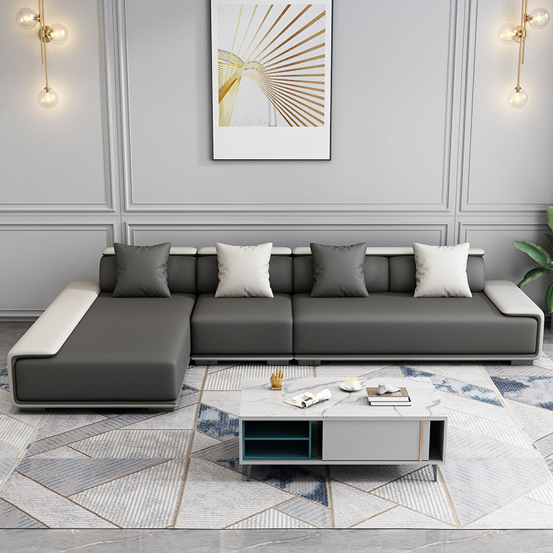 Contemporary Modular L-Shape Sectional with Pillowed Back Cushions 142"L x 71"W x 30"H Dark Gray-White Clearhalo 'furn' 'furn_sectionals' 'Furniture' 'furniture_sectionals' 'kitchen' 'kitchen_sectionals' 'Living Room Furniture' 'Sectionals' 4822353