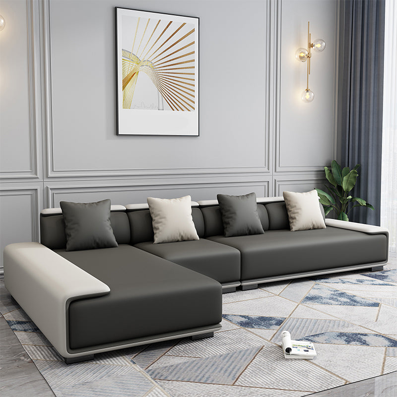 Contemporary Modular L-Shape Sectional with Pillowed Back Cushions 132"L x 71"W x 30"H Dark Gray-White Clearhalo 'furn' 'furn_sectionals' 'Furniture' 'furniture_sectionals' 'kitchen' 'kitchen_sectionals' 'Living Room Furniture' 'Sectionals' 4822354