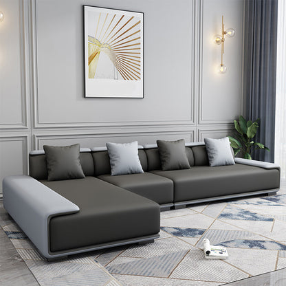 Contemporary Modular L-Shape Sectional with Pillowed Back Cushions Dark Grey Light Grey Clearhalo 'furn' 'furn_sectionals' 'Furniture' 'furniture_sectionals' 'kitchen' 'kitchen_sectionals' 'Living Room Furniture' 'Sectionals' 4822357