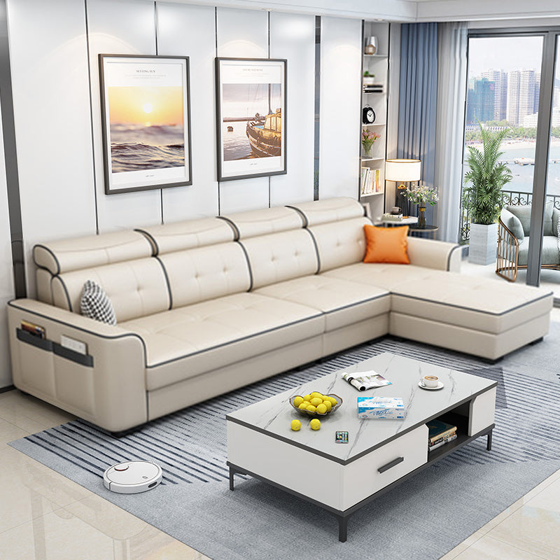106.3"L x 57.09"W x 35.43"H Fabric Adjustable High Back Sectionals Sofa with Storage Khaki Faux Leather Clearhalo 'furn' 'furn_sectionals' 'Furniture' 'furniture_sectionals' 'kitchen' 'kitchen_sectionals' 'Living Room Furniture' 'Sectionals' 4822373