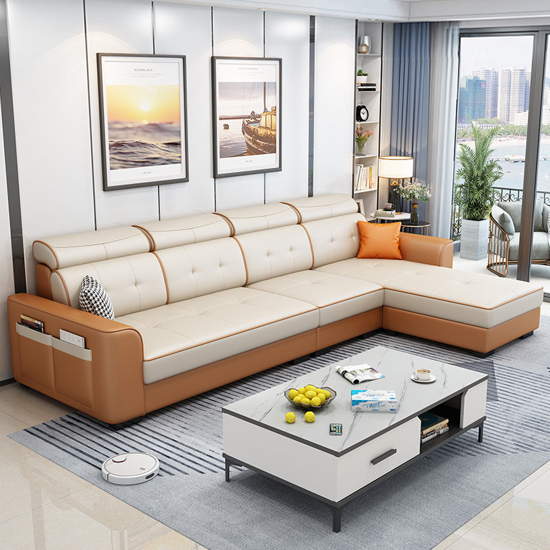 106.3"L x 57.09"W x 35.43"H Fabric Adjustable High Back Sectionals Sofa with Storage Orange White Faux Leather Clearhalo 'furn' 'furn_sectionals' 'Furniture' 'furniture_sectionals' 'kitchen' 'kitchen_sectionals' 'Living Room Furniture' 'Sectionals' 4822374