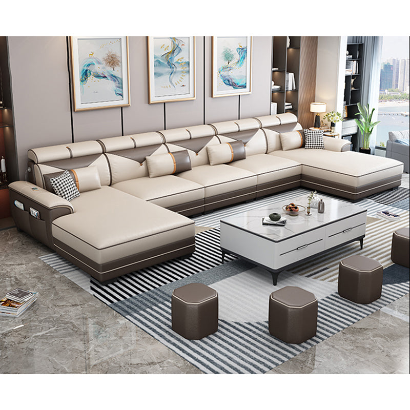 159.44" L x 70.86" W x 35.43" H Adjustable Faux Leather Pillow Top Arm Sectional Light Grey-Yellow Clearhalo 'furn' 'furn_sectionals' 'Furniture' 'furniture_sectionals' 'kitchen' 'kitchen_sectionals' 'Living Room Furniture' 'Sectionals' 4822387