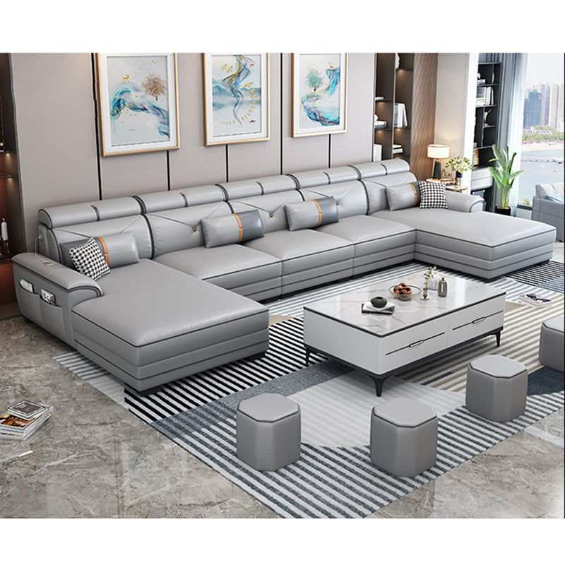 159.44" L x 70.86" W x 35.43" H Adjustable Faux Leather Pillow Top Arm Sectional Light Gray Clearhalo 'furn' 'furn_sectionals' 'Furniture' 'furniture_sectionals' 'kitchen' 'kitchen_sectionals' 'Living Room Furniture' 'Sectionals' 4822388