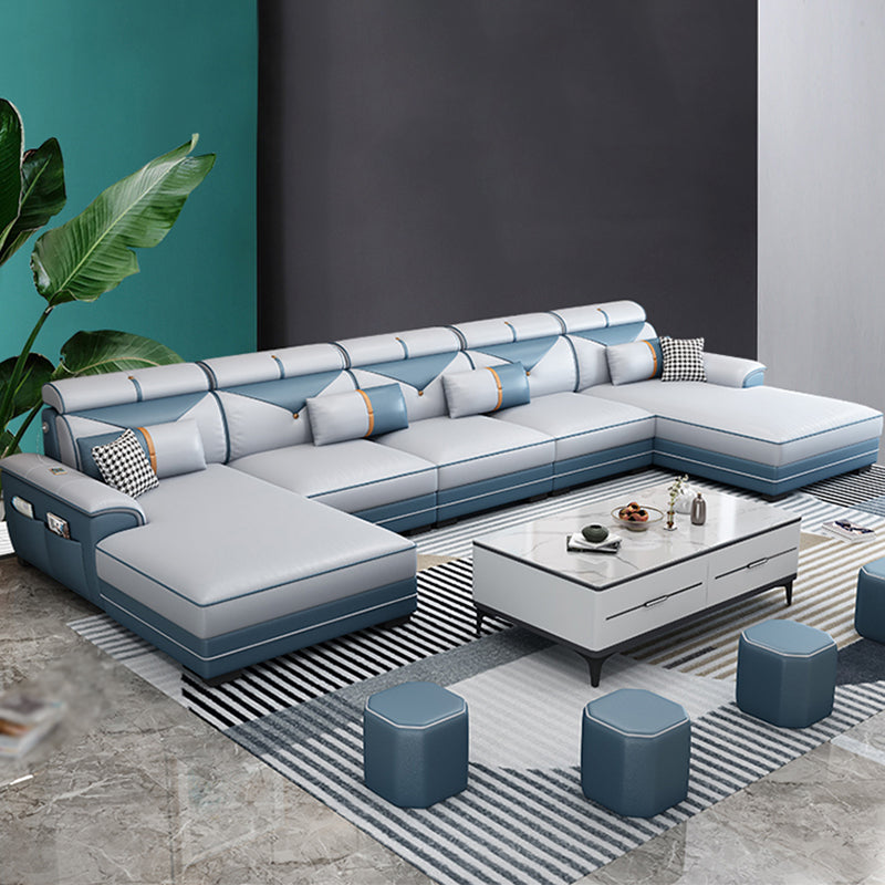 159.44" L x 70.86" W x 35.43" H Adjustable Faux Leather Pillow Top Arm Sectional Clearhalo 'furn' 'furn_sectionals' 'Furniture' 'furniture_sectionals' 'kitchen' 'kitchen_sectionals' 'Living Room Furniture' 'Sectionals' 4822390