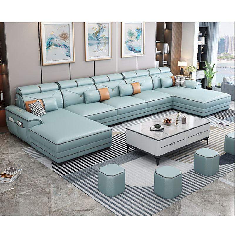 159.44" L x 70.86" W x 35.43" H Adjustable Faux Leather Pillow Top Arm Sectional Mint Green Clearhalo 'furn' 'furn_sectionals' 'Furniture' 'furniture_sectionals' 'kitchen' 'kitchen_sectionals' 'Living Room Furniture' 'Sectionals' 4822391