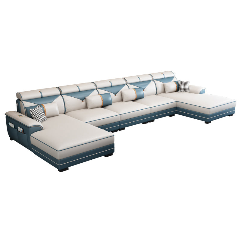 159.44" L x 70.86" W x 35.43" H Adjustable Faux Leather Pillow Top Arm Sectional Clearhalo 'furn' 'furn_sectionals' 'Furniture' 'furniture_sectionals' 'kitchen' 'kitchen_sectionals' 'Living Room Furniture' 'Sectionals' 4822396