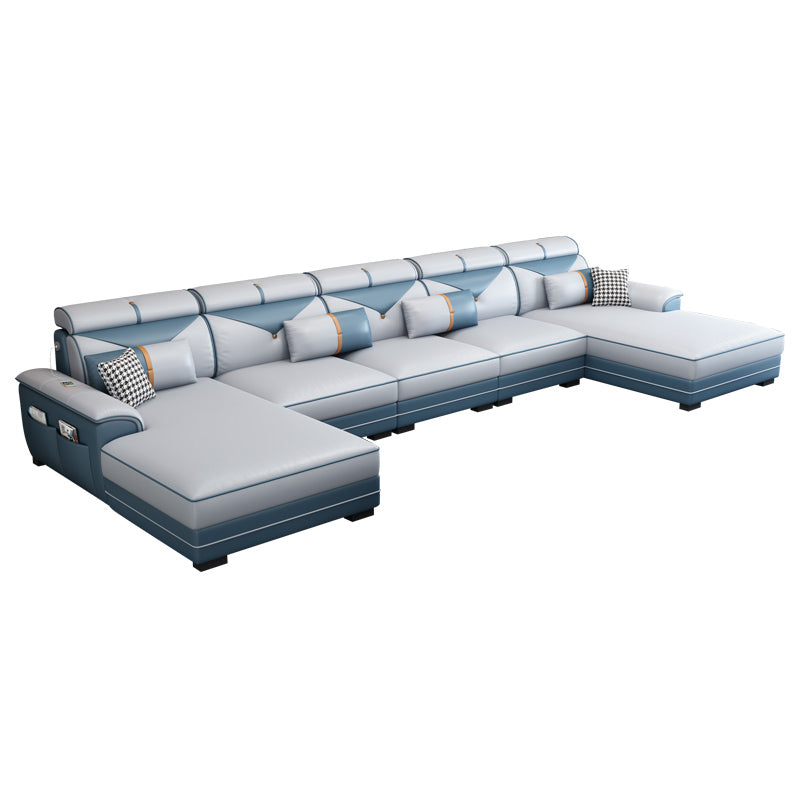 159.44" L x 70.86" W x 35.43" H Adjustable Faux Leather Pillow Top Arm Sectional Clearhalo 'furn' 'furn_sectionals' 'Furniture' 'furniture_sectionals' 'kitchen' 'kitchen_sectionals' 'Living Room Furniture' 'Sectionals' 4822398