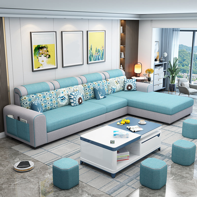 Contemporary Right Hand Facing Sectional with Round Arm and Storage Sky Blue Linen Blend Clearhalo 'furn' 'furn_sectionals' 'Furniture' 'furniture_sectionals' 'kitchen' 'kitchen_sectionals' 'Living Room Furniture' 'Sectionals' 4822444